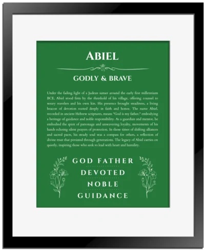 Abiel personalized wall art with the story of your name in dark green with black matte frame