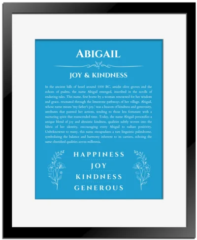 Abigail custom name print for wall display in blue with black matte frame