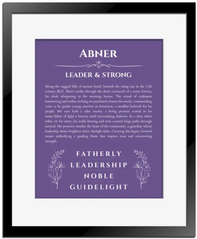 Abner custom name art showing meaning and origin in purple with black matte frame