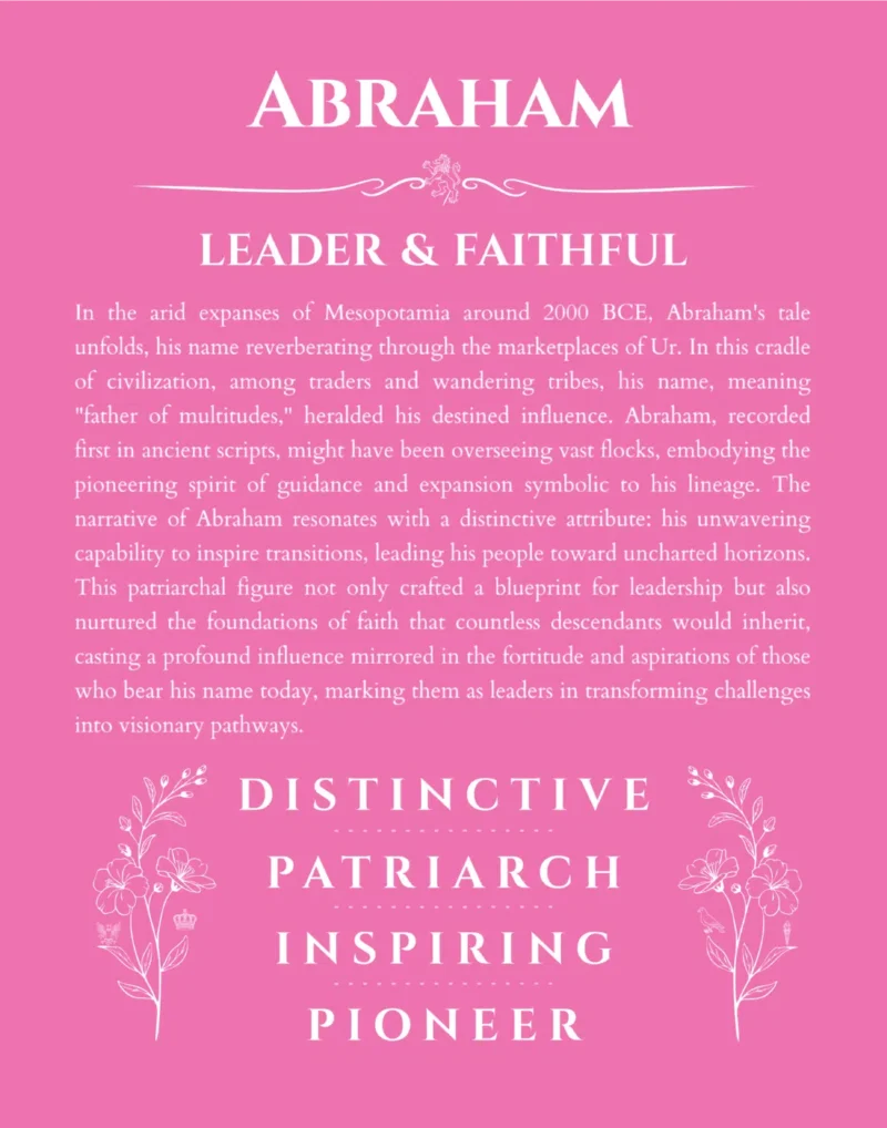 Abraham personalized name print with origin and traits in pink