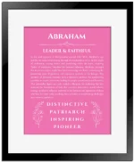Abraham personalized name print with origin and traits in pink with black matte frame