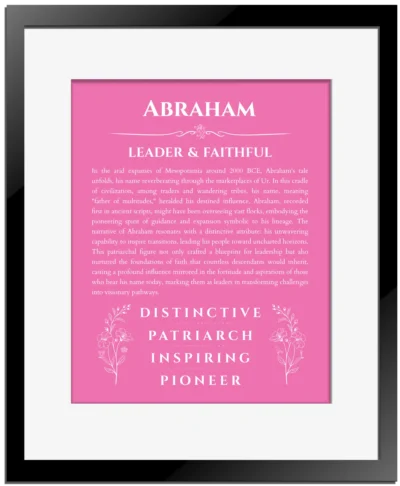 Abraham personalized name print with origin and traits in pink with black matte frame