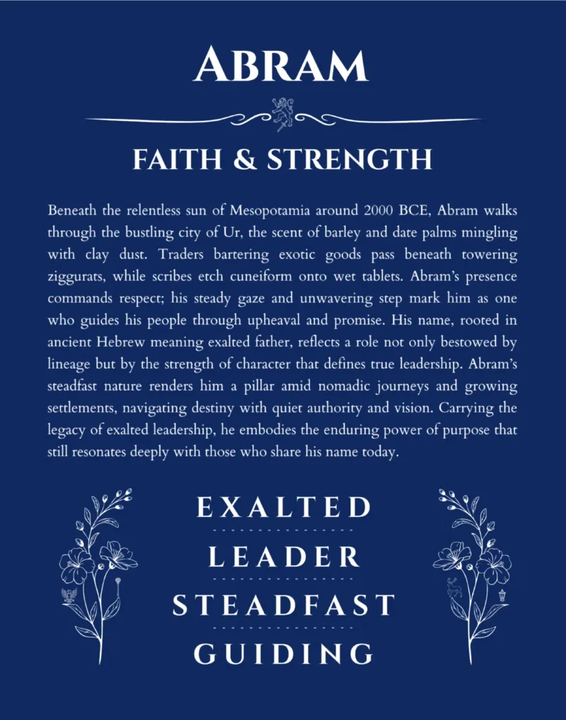 Abram name origin print with meaning and traits in deep blue