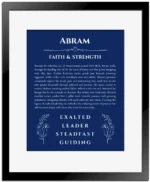 Abram name origin print with meaning and traits in deep blue with black matte frame
