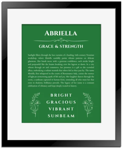Abriella personalized name meaning print in dark green with black matte frame