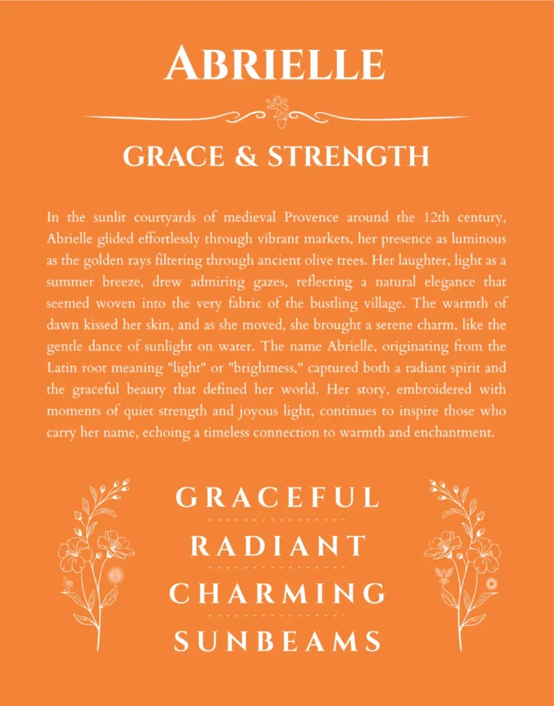 Abrielle personalized name art with origin story in orange