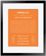 Abrielle personalized name art with origin story in orange with black matte frame