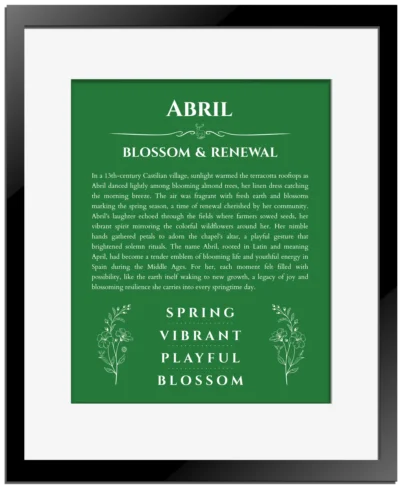 Abril custom name meaning print in dark green with black matte frame