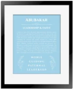 Abubakar custom name art showing meaning and origin in light blue with black matte frame