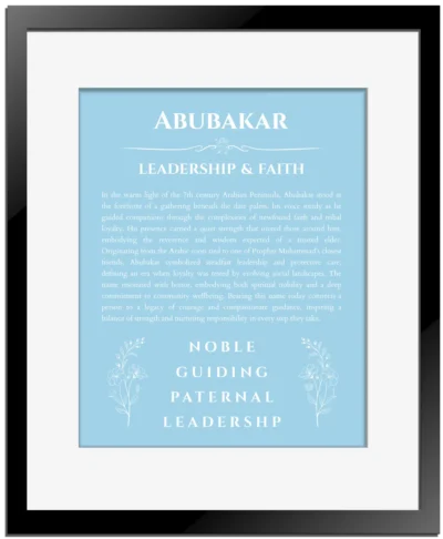 Abubakar custom name art showing meaning and origin in light blue with black matte frame