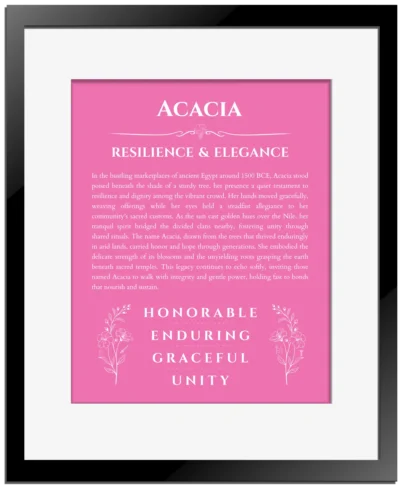 Acacia name meaning wall art by Get Your Story in pink with black matte frame