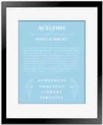 Acelynn personalized name print with origin and traits in light blue with black matte frame