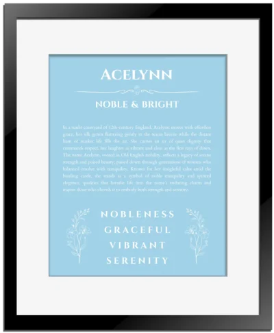 Acelynn personalized name print with origin and traits in light blue with black matte frame