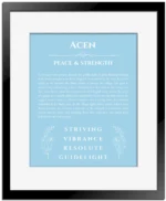 Acen personalized wall art with the story of your name in light blue with black matte frame