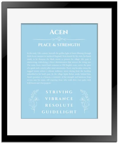 Acen personalized wall art with the story of your name in light blue with black matte frame