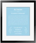 Aceson personalized wall art with the story of your name in light blue with black matte frame