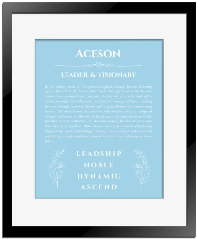 Aceson personalized wall art with the story of your name in light blue with black matte frame