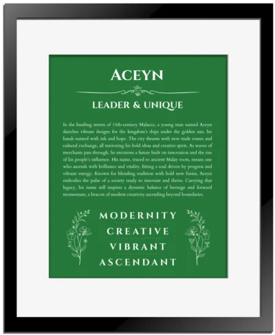 Aceyn custom name meaning print in dark green with black matte frame