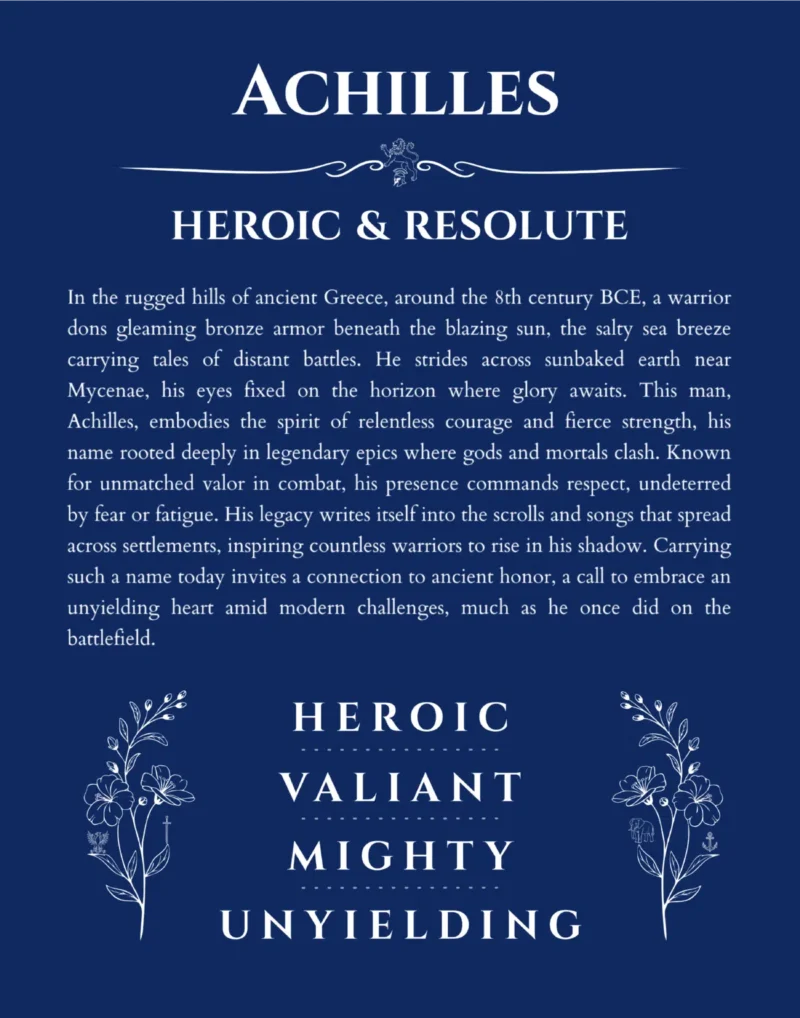 Achilles personalized name art with origin story in deep blue