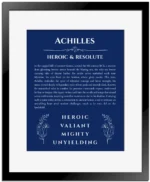 Achilles personalized name art with origin story in deep blue with black matte frame