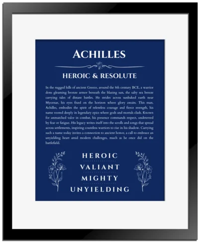 Achilles personalized name art with origin story in deep blue with black matte frame