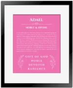Adael personalized wall art with the story of your name in pink with black matte frame