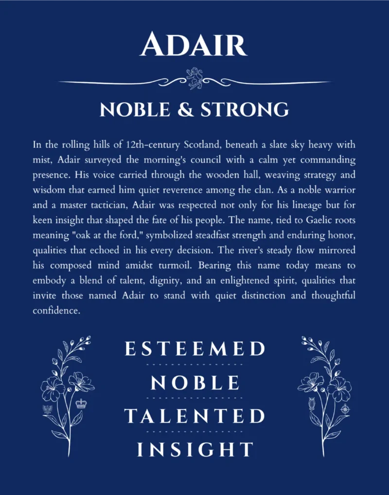 Adair personalized name print with origin and traits in deep blue