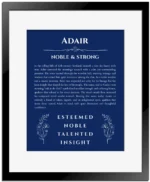 Adair personalized name print with origin and traits in deep blue with black matte frame