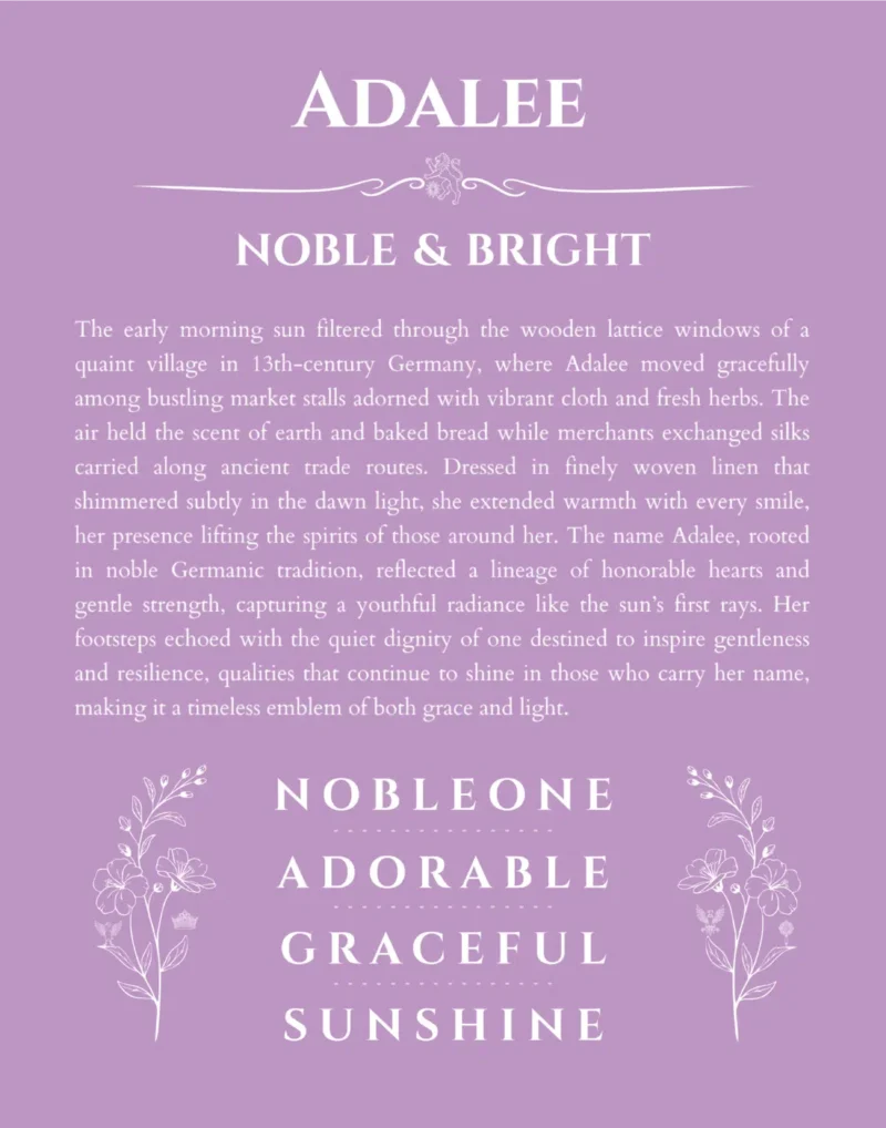 Adalee name origin print with meaning and traits in light purple