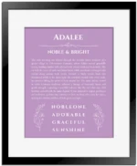 Adalee name origin print with meaning and traits in light purple with black matte frame