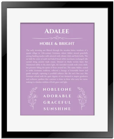 Adalee name origin print with meaning and traits in light purple with black matte frame