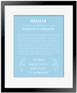 Adalia personalized wall art with the story of your name in light blue with black matte frame