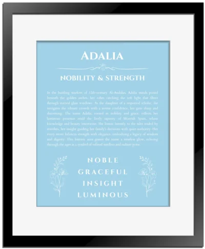 Adalia personalized wall art with the story of your name in light blue with black matte frame