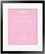 Adalie personalized wall art with the story of your name in light pink with black matte frame