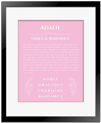 Adalie personalized wall art with the story of your name in light pink with black matte frame