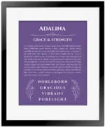 Adalina personalized wall art with the story of your name in purple with black matte frame