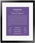 Adaline personalized name print with origin and traits in purple with black matte frame