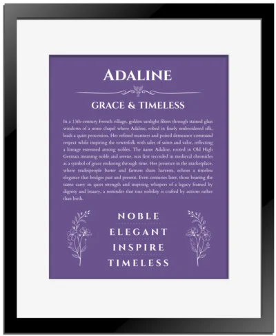 Adaline personalized name print with origin and traits in purple with black matte frame