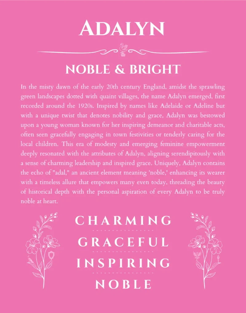 Adalyn personalized name print with origin and traits in pink