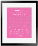Adalyn personalized name print with origin and traits in pink with black matte frame