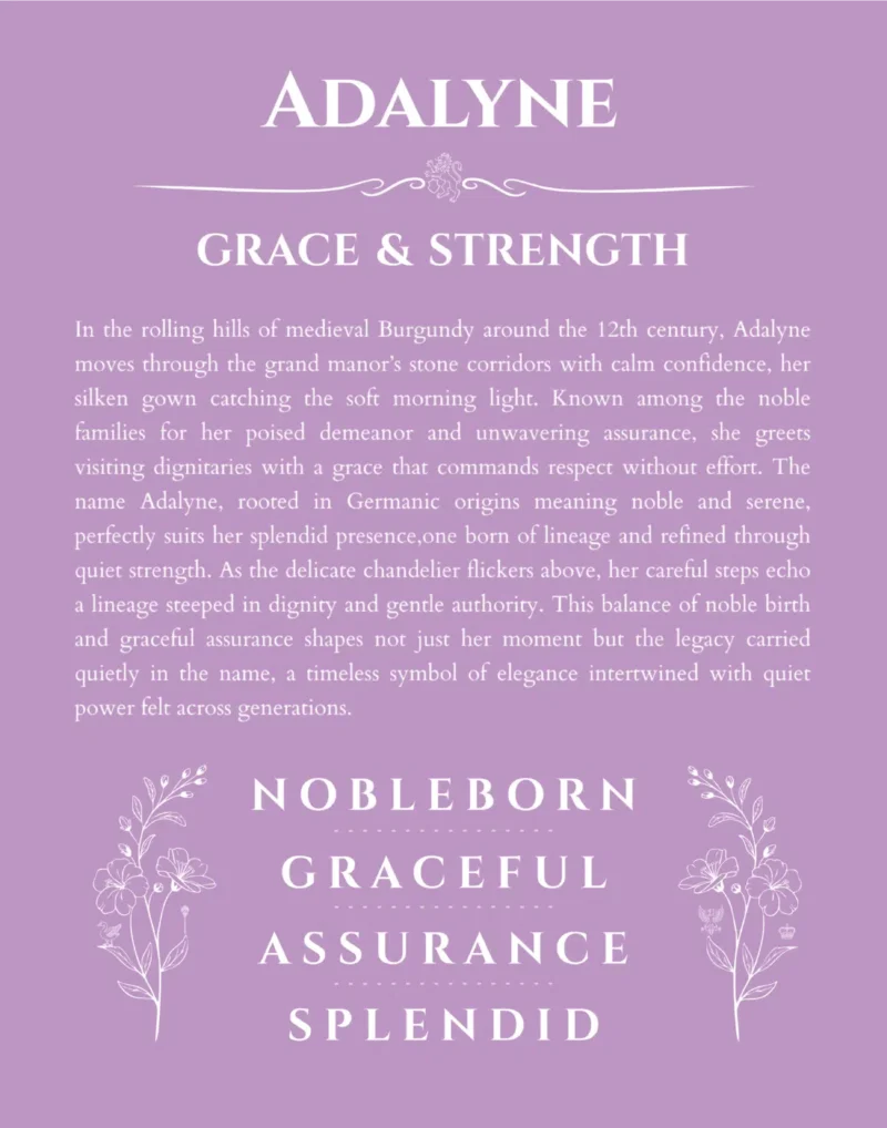 Adalyne personalized name print with origin and traits in light purple