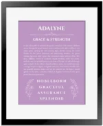 Adalyne personalized name print with origin and traits in light purple with black matte frame