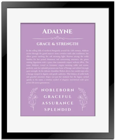 Adalyne personalized name print with origin and traits in light purple with black matte frame