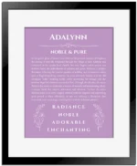 Adalynn personalized name meaning print in light purple with black matte frame