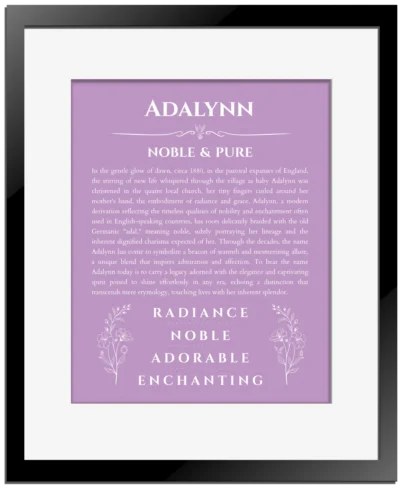 Adalynn personalized name meaning print in light purple with black matte frame