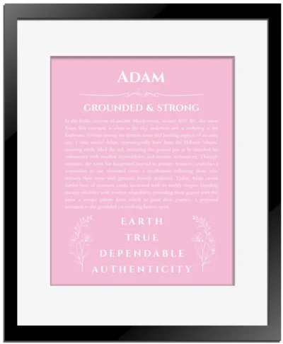 Adam name meaning gift print in light pink with black matte frame