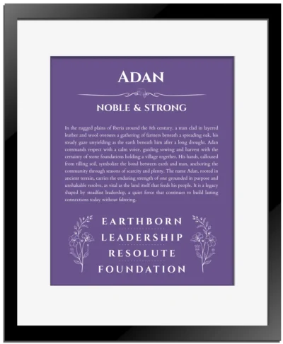 Adan custom name print for wall display in purple with black matte frame