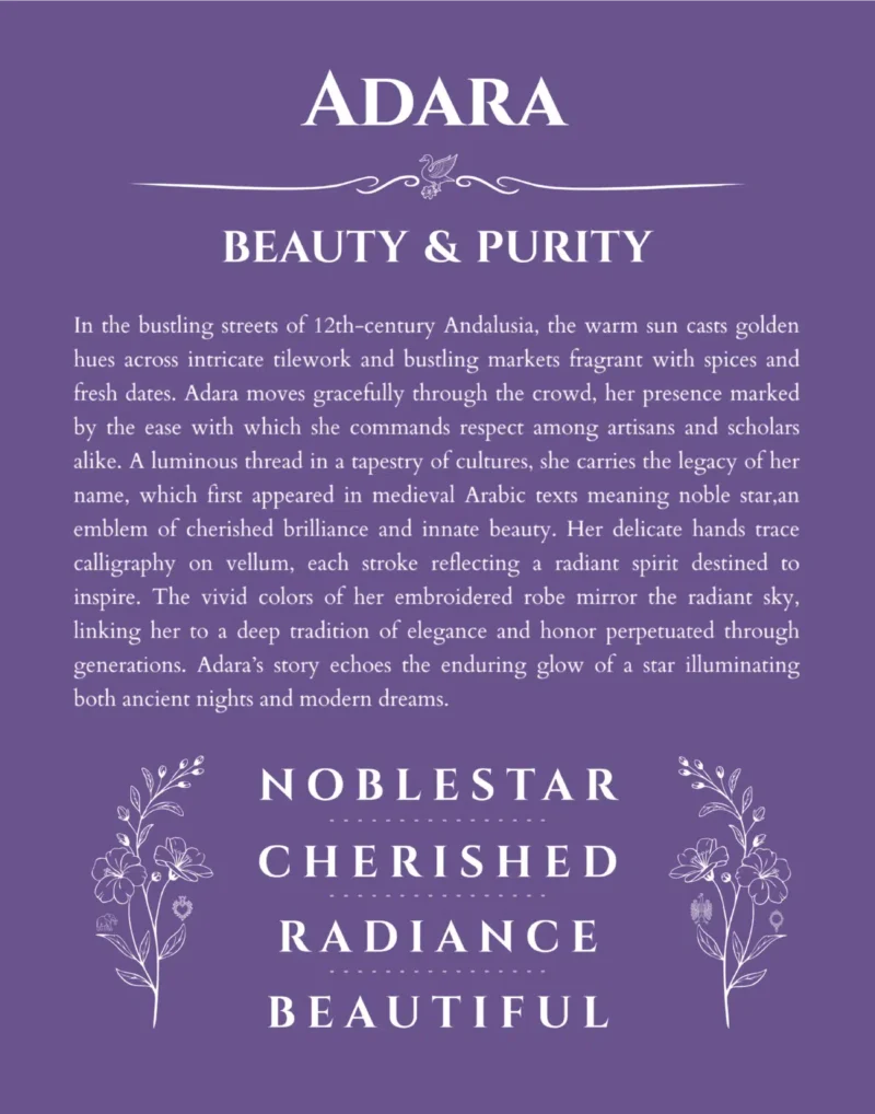 Adara name origin print with meaning and traits in purple