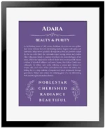Adara name origin print with meaning and traits in purple with black matte frame