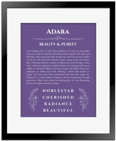 Adara name origin print with meaning and traits in purple with black matte frame